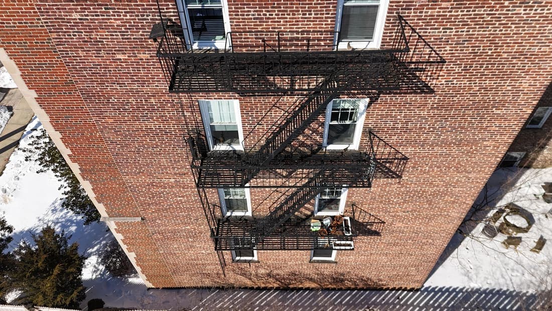 Drone field photograph, plate 025, 2026-02-05, New Jersey fire escape inspection by Oyster Fire Escape Inspections