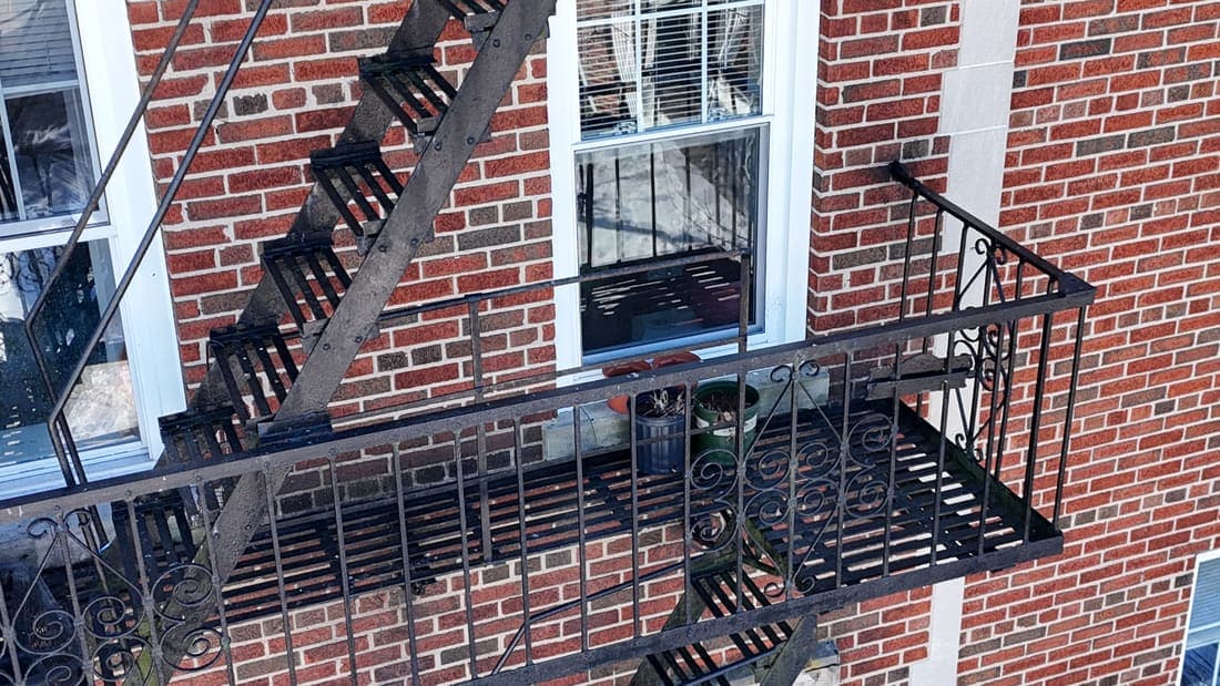 Drone field photograph, plate 030, 2026-02-05, New Jersey fire escape inspection by Oyster Fire Escape Inspections