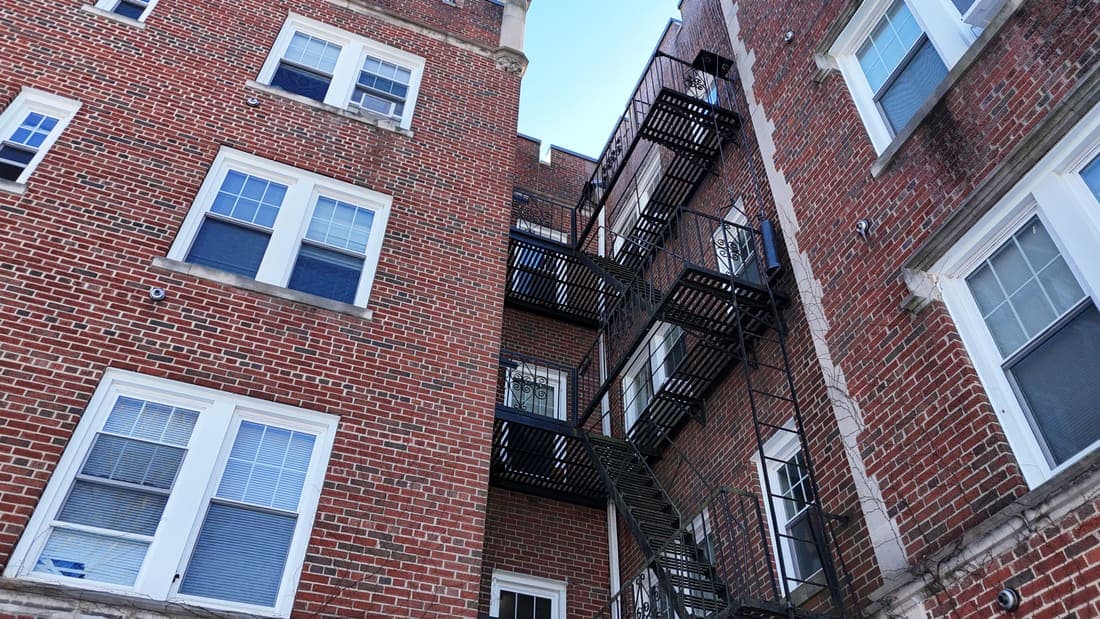 Drone field photograph, plate 032, 2026-02-05, New Jersey fire escape inspection by Oyster Fire Escape Inspections