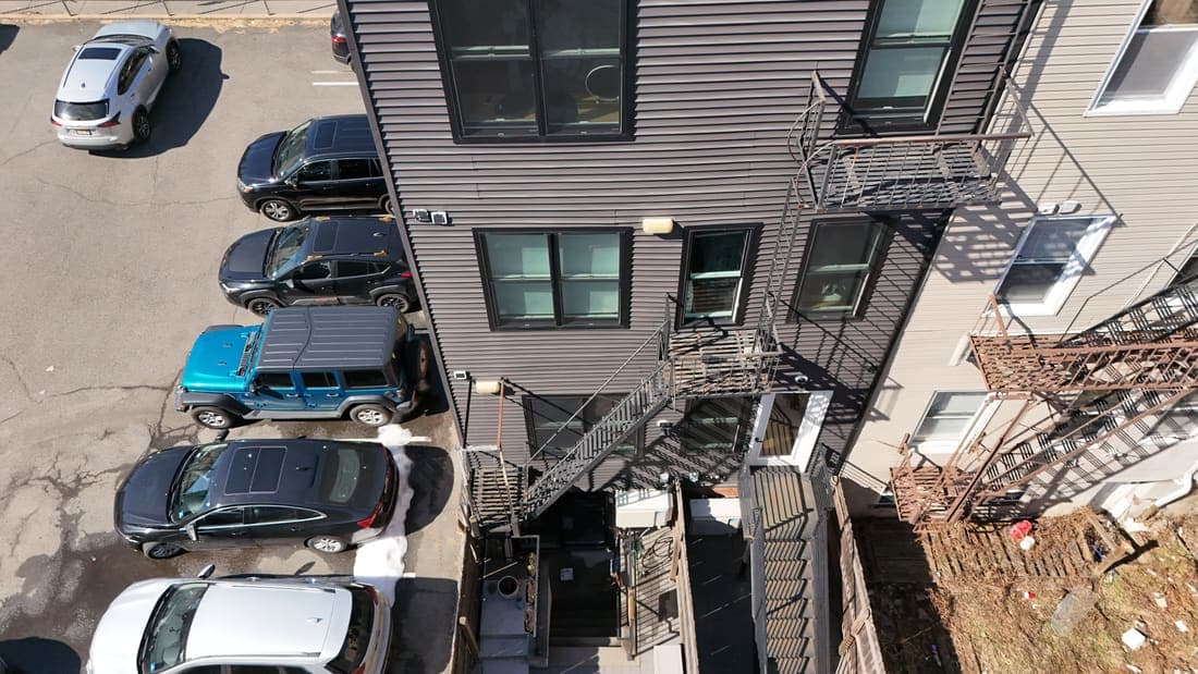 Drone field photograph, plate 045, 2026-03-10, New Jersey fire escape inspection by Oyster Fire Escape Inspections