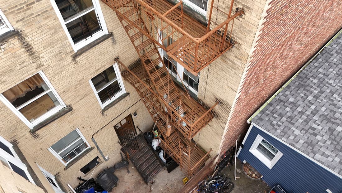 Drone field photograph, plate 052, 2026-03-11, New Jersey fire escape inspection by Oyster Fire Escape Inspections
