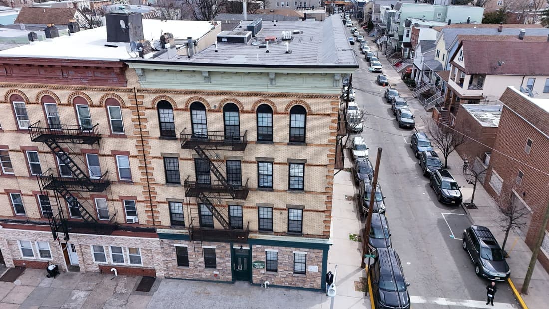 Drone field photograph, plate 074, 2026-03-18, New Jersey fire escape inspection by Oyster Fire Escape Inspections