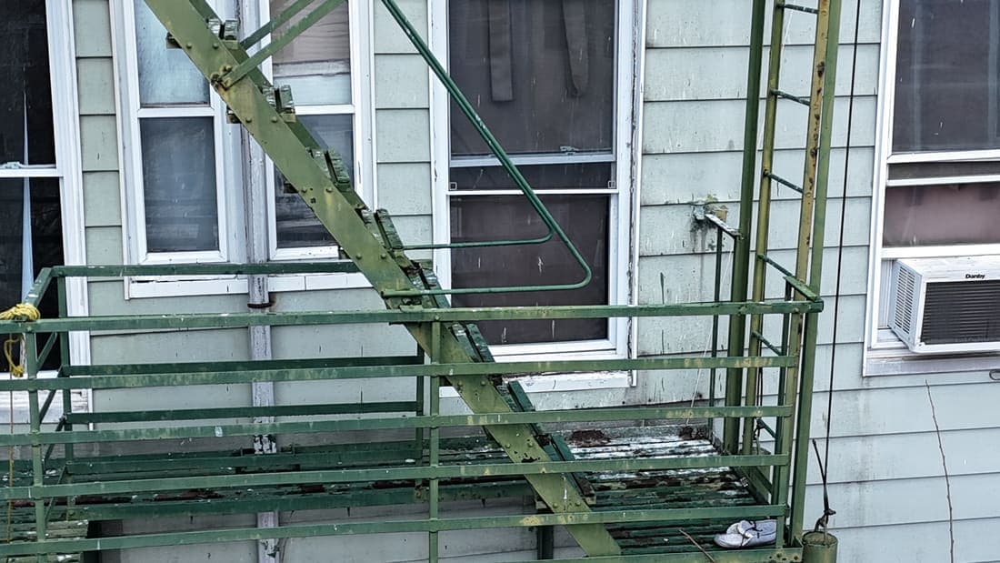 Drone field photograph, plate 081, 2026-03-23, New Jersey fire escape inspection by Oyster Fire Escape Inspections
