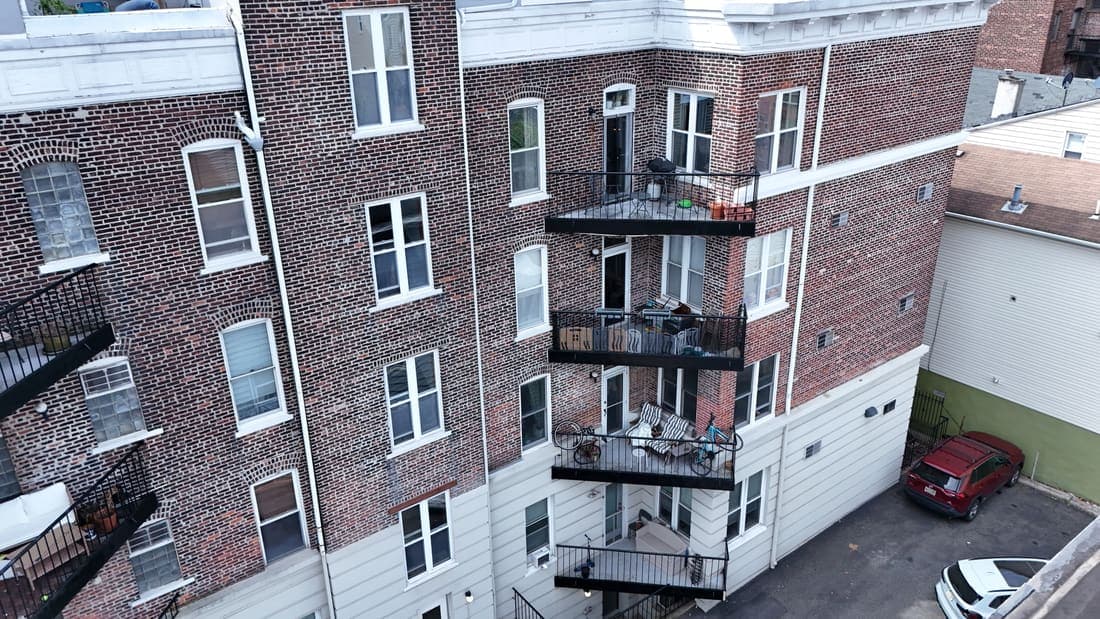 Drone field photograph, plate 096, 2026-04-15, New Jersey fire escape inspection by Oyster Fire Escape Inspections
