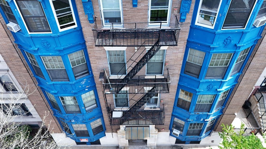 Drone field photograph, plate 102, 2026-04-16, New Jersey fire escape inspection by Oyster Fire Escape Inspections
