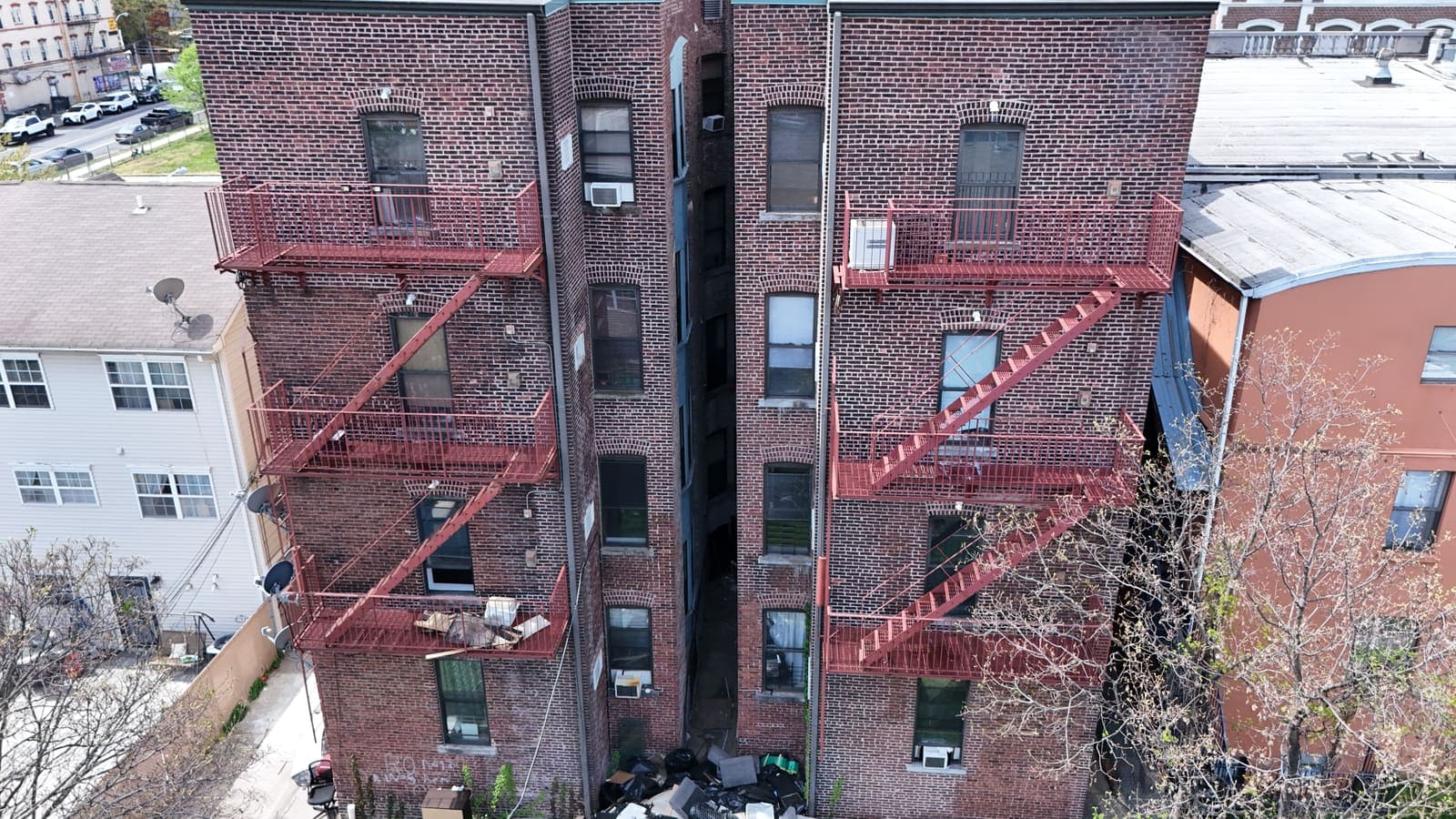 Drone field photograph, plate 104, 2026-04-16, New Jersey fire escape inspection by Oyster Fire Escape Inspections