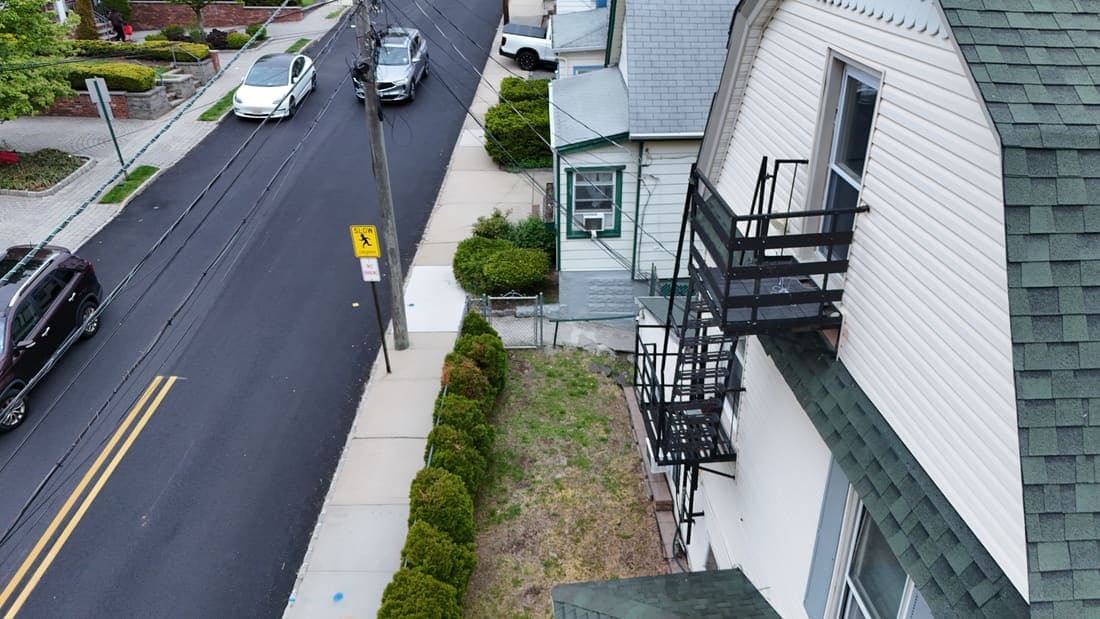 Drone field photograph, plate 110, 2026-04-29, New Jersey fire escape inspection by Oyster Fire Escape Inspections